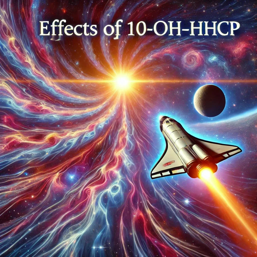 Un cohete espacial volando por el espacio, texto: Efectos del 10-OH-HHCP