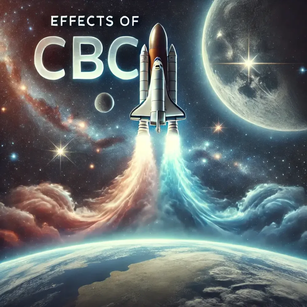 A rocket flies from planet Earth into space, text: The effects of CBC