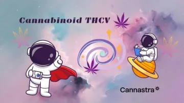 Nápis: kannabinoid THCV, vesmírná ilustrace s astronauty, konopnými listy, doplněno o logo Cannastra Nápis: kannabinoid THCV, vesmírná ilustrace s astronauty, konopnými listy, doplněno o logo Cannastra