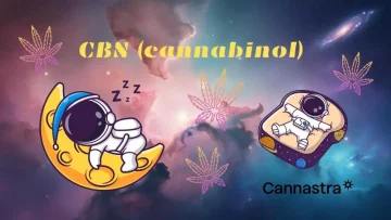 CBN (cannabinol) – space illustration with sleeping astronauts, suggesting sleep-promoting effects, Cannastra logo at the bottom right CBN (cannabinol) – space illustration with sleeping astronauts, suggesting sleep-promoting effects, Cannastra logo at the bottom right
