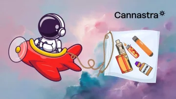 An astronaut in an airplane pulls a bag containing a vaporiser, a disposable vape, an e-cigarette, a lighter and nicotine liquid, with the Cannastra logo in the top left corner