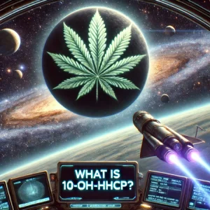 Concetto di universo, uno schermo con il testo: che cos'è il 10-OH-HHCP?, un pianeta con una foglia di cannabis e un razzo