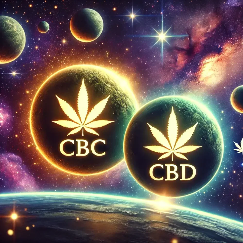 Twee planeten gemarkeerd met een cannabisblad en tekst: CBD en CBC