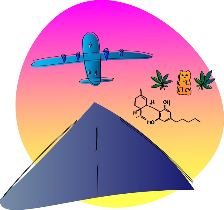 Minimalistická ilustrace zobrazující užívání kanabinoidu CBD při létání