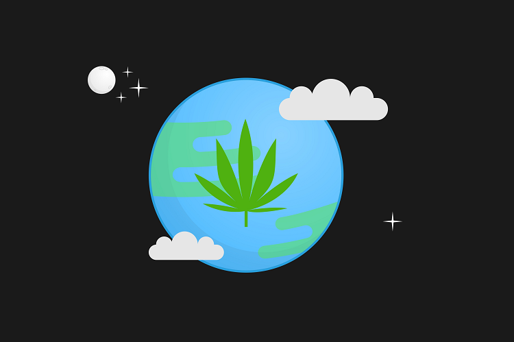 Illustratie van planeet Aarde met een cannabisblad waar 10-OH-HHC producten worden verkocht