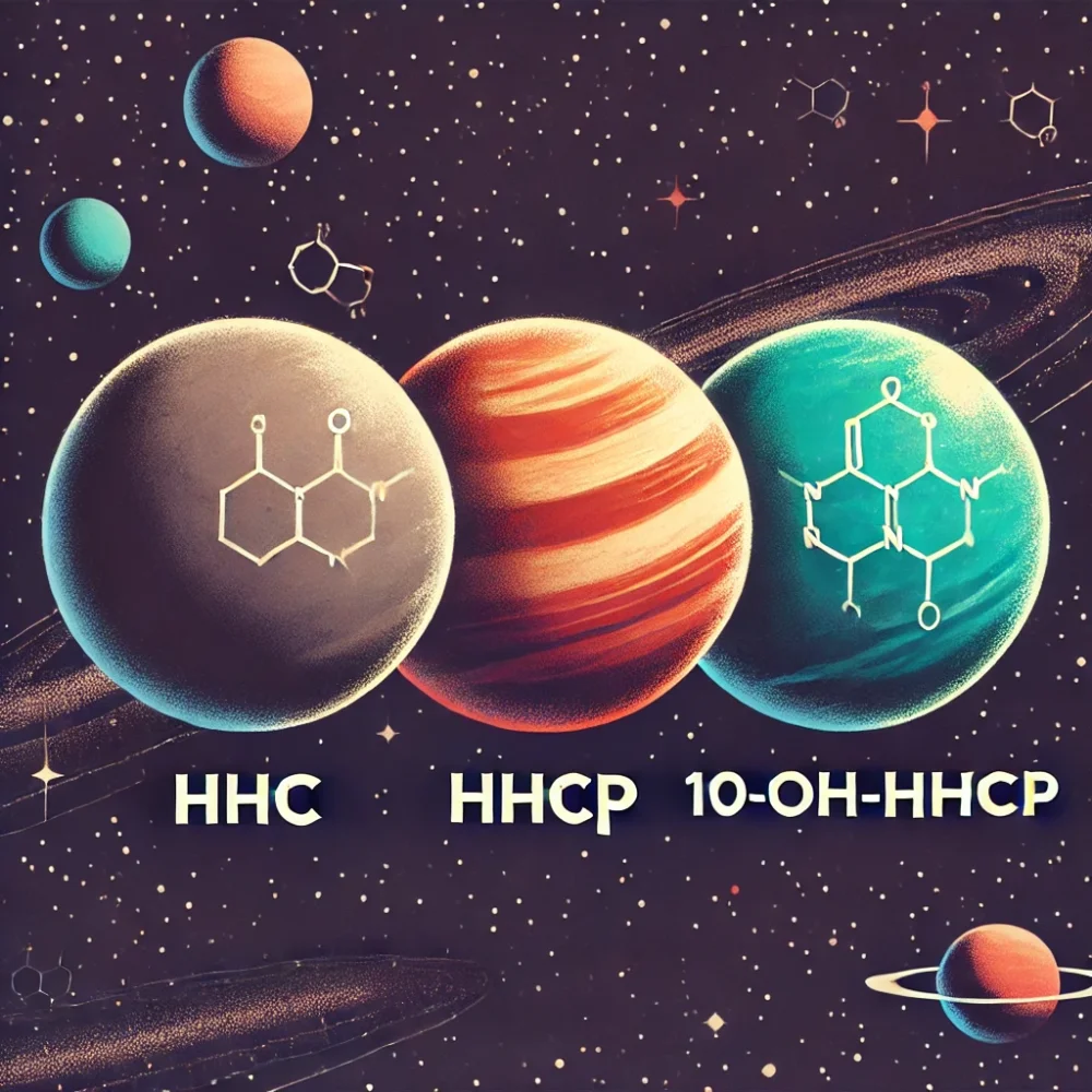 Trys planetos, pažymėtos HHC, HHCP ir 10-OH-HHCP, o 10-OH-HHCP yra HHCP darinys, kuris yra HHC darinys