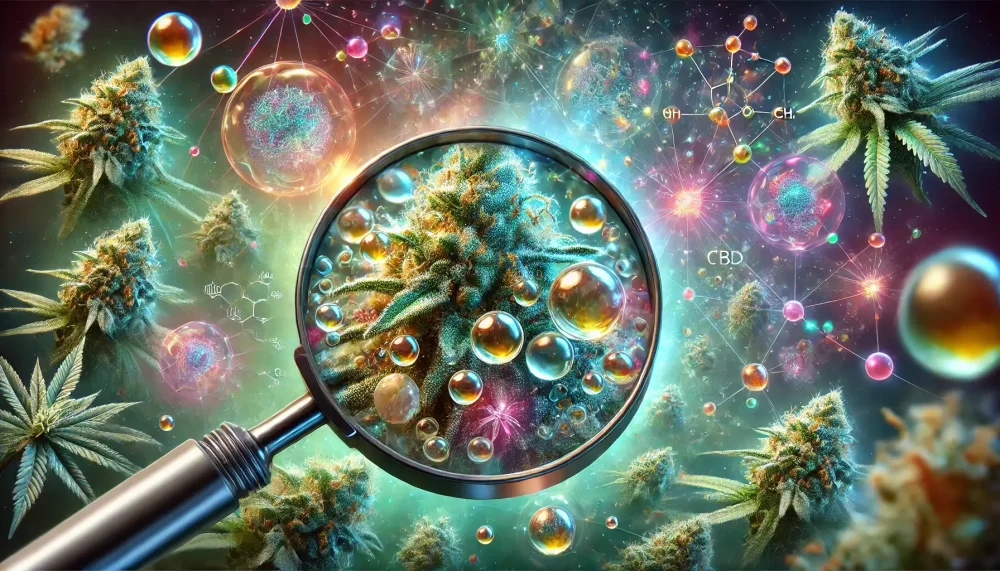 The image shows a cannabis plant, with the magnifying glass in the centre zoomed in on the part where the terpenes are on the plant