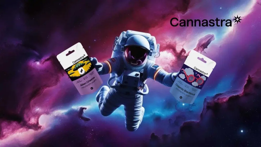 An astronaut in space holding HHCPM flowers in Alien Cheese and Cosmic Blackout flavours