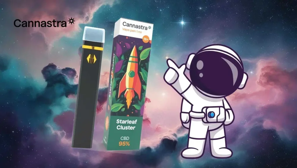 CBD vape pen Cannastra Starleaf Cluster with 95% CBD content, with an astronaut standing next to it pointing towards the vaporizer